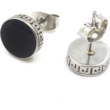 Chavin Greek Motifli Gri Çelik Ve Siyah Mine Erkek Küpe Dy97By