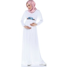Moda Labio Babyshower Melek Kol Tesettür Beyaz Hamile Elbisesi