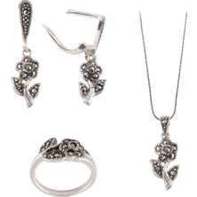 Akyüz Gümüş Çiçek İşlemeli Markazit Taşlı Gümüş Set 018
