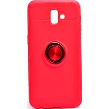 Jopus Samsung Galaxy J6 Plus Kılıf Ultra Korumalı Yüzüklü Standlı Ravel Silikon - (Kırmızı) + Cam Ekran Koruyucu
