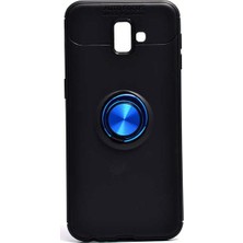 Jopus Samsung Galaxy J6 Plus Kılıf Ultra Korumalı Yüzüklü Standlı Ravel Silikon - (Siyah - Mavi) + Cam Ekran Koruyucu