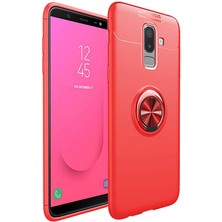 Jopus Samsung Galaxy J8 Kılıf Ultra Korumalı Yüzüklü Standlı Ravel Silikon - (Kırmızı) + Cam Ekran Koruyucu