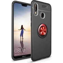 Jopus Huawei P Smart 2019 Kılıf Ultra Korumalı Yüzüklü Standlı Ravel Silikon - (Siyah - Kırmızı) + Cam Ekran Koruyucu