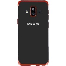 Jopus Samsung Galaxy J7 Duo Dört Köşe Renkli Şeffaf Lazer Silikon - Kırmızı + Cam Ekran Koruyucu