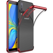 Jopus Samsung Galaxy A7 2018 Dört Köşe Renkli Şeffaf Lazer Silikon - Kırmızı + Nano Ekran Koruyucu