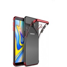 Jopus Samsung Galaxy J6 Plus Dört Köşe Renkli Şeffaf Lazer Silikon - Kırmızı + Nano Ekran Koruyucu