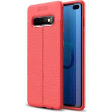 Jopus Samsung Galaxy S10 Kılıf Deri Desenli Lüx Niss Silikon - Kırmızı + Full Body Ekran Koruyucu (Ön - Arka)