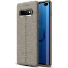 Jopus Samsung Galaxy S10 Kılıf Deri Desenli Lüx Niss Silikon - Gri + Full Body Ekran Koruyucu (Ön - Arka)