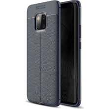 Jopus Huawei Mate 20 Pro Kılıf Deri Desenli Lüx Niss Silikon - Lacivert + Full Body Ekran Koruyucu (Ön - Arka)