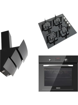 Ukinox Vega 60 Cm Siyah Davlumbaz + Ares Ocak + Nova Fırın