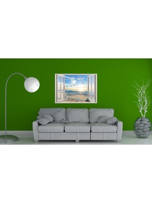 Renkselart Pencere Mavi Deniz Sahil Palmiye Beyaz Kumsal Duvar Sticker