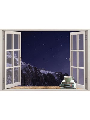 Renkselart Pencere Karlı Dağ Yıldızlı Gece Duvar Sticker