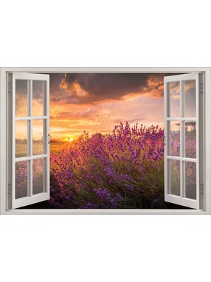 Renkselart Pencere Lavanta Gün Batımı Manzarası Duvar Sticker