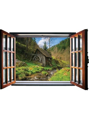 Renkselart Pencere Değirmen Nehir Su Duvar Sticker