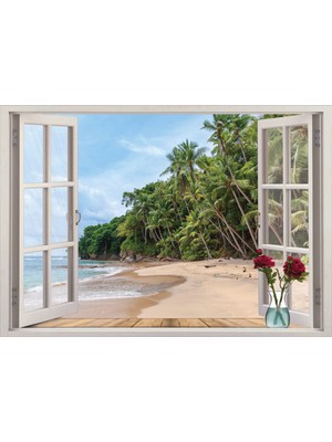 Renkselart Pencere Palmiye Deniz Kıyısı Duvar Sticker