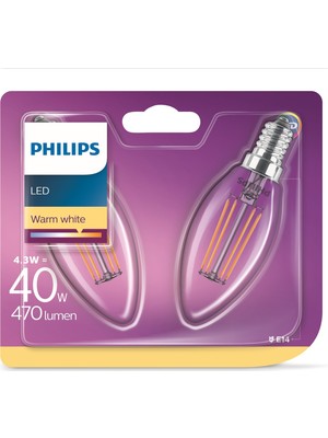 Philips LED Classic 40W B35 E14 Non-Dim 2700K 2'li Ekopaket Led Filament Ampul