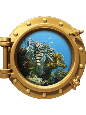 Renkselart Gemi Denizaltı Pencere Aslan Balığı Mercanlar Duvar Sticker