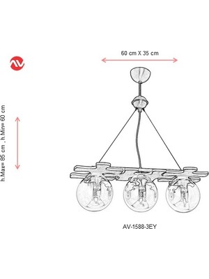 AVONNI AV-1588-3EY Eskitme Kaplama Modern Avize E27 Metal Ahşap Cam 60x35cm