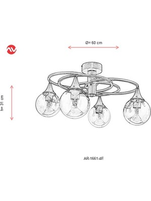 AVONNI AR-1661-4E Eskitme Kaplama Modern Avize E27 Metal Cam 60cm