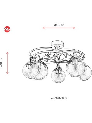 AVONNI AR-1661-5BSY Siyah Boyalı Modern Avize E27 Metal Cam 60cm