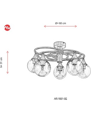 AVONNI AR-1661-5E Eskitme Kaplama Modern Avize E27 Metal Cam 60cm