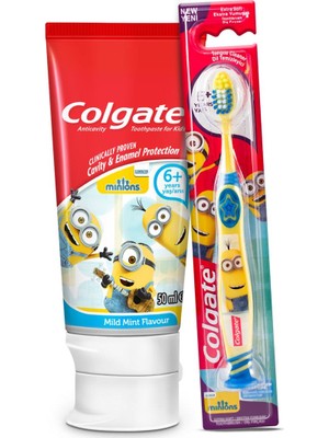 Colgate Minions 6+ Yaş Florürlü Çocuk Diş Macunu 50 ml ve Ekstra Yumuşak Vakum Saplı Diş Fırçası Seti – Çürük Önleyici