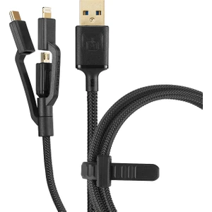 3in1 Ultra Toughness Lightning + Type-C + Micro USB to USB 2.0 Dayanıklı Naylon Örgü Şarj Aleti - Siyah - 3m