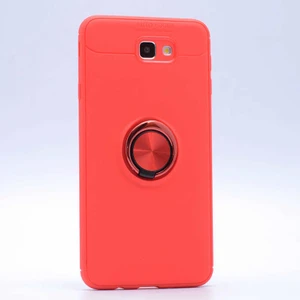 Jopus Samsung Galaxy J7 Prime Kılıf Ultra Korumalı Yüzüklü Standlı Ravel Silikon - (Kırmızı) + Cam Ekran Koruyucu