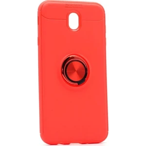 Jopus Samsung Galaxy J7 Pro Kılıf Ultra Korumalı Yüzüklü Standlı Ravel Silikon - (Kırmızı) + Cam Ekran Koruyucu