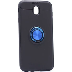 Jopus Samsung Galaxy J7 Pro Kılıf Ultra Korumalı Yüzüklü Standlı Ravel Silikon - (Siyah - Mavi) + Cam Ekran Koruyucu