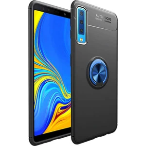 Jopus Samsung Galaxy A7 2018 Kılıf Ultra Korumalı Yüzüklü Standlı Ravel Silikon - (Siyah - Mavi) + Cam Ekran Koruyucu