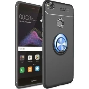 Jopus Huawei P10 Lite Kılıf Ultra Korumalı Yüzüklü Standlı Ravel Silikon - (Siyah - Mavi) + Cam Ekran Koruyucu