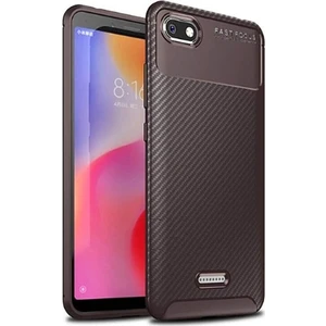 Jopus Xioami Redmi 6A Kılıf Karbon Desenli Lux Negro Silikon - Kahverengi + Cam Ekran Koruyucu