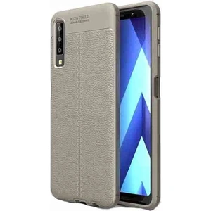 Jopus Samsung Galaxy A7 2018 Kılıf Deri Desenli Lüx Niss Silikon - Gri + Cam Ekran Koruyucu