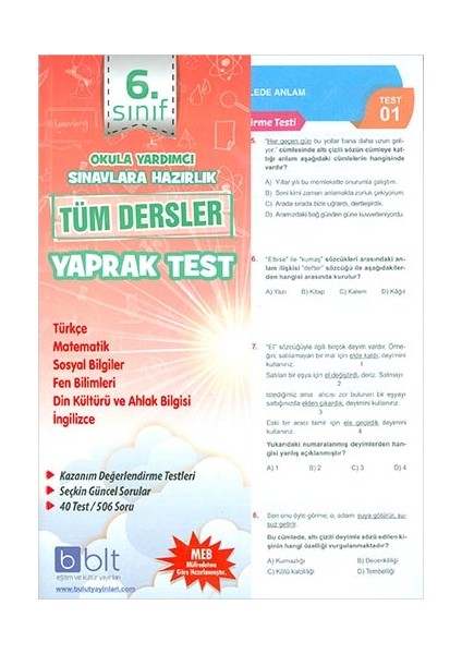 Bulut Eğitim ve Kültür Yayınları Eğitim 6. Sınıf Tüm Dersler Yaprak Test