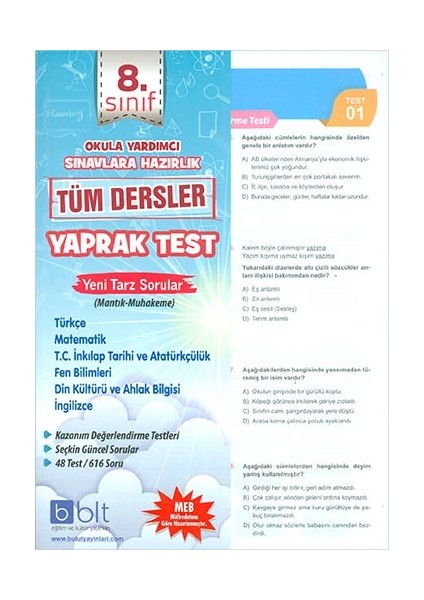 Eğitim 8. Sınıf Tüm Dersler Yaprak Test