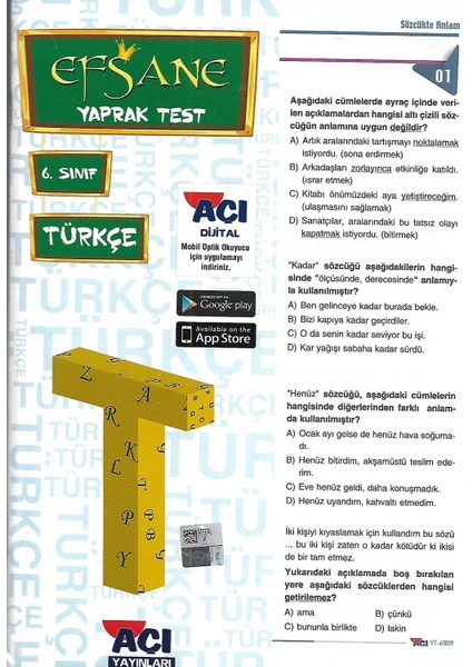 Açı Yayınları 6. Sınıf Türkçe Çek Kopart Yaprak Test