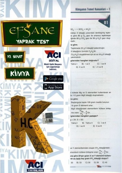 10. Sınıf Kimya Çek Kopar Yaprak Test