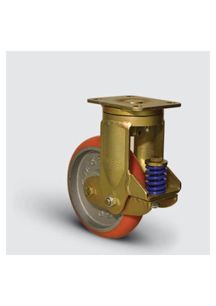 Eay01Vbpb200 Döner Kaynaklı Maşa Döküm Balıksırtı Poliüretan Kaplı Amörtisörlü Yaylı Tekerlek Çap:200 Çelik Döküm Maşa Büte Ve Konik Rulmanlı Döküm(Sfero) Tabla