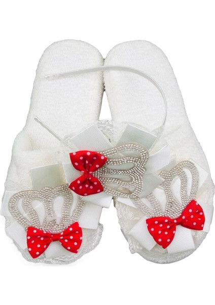 Taç Desenli Fiyonklu Lohusa Terlik Seti Kırmızı