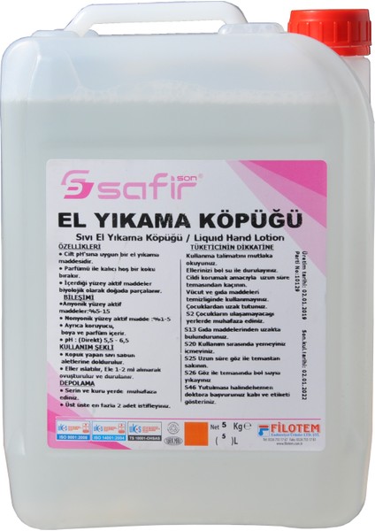 El Yıkama Köpüğü - Köpük Sabun 5 kg Safir