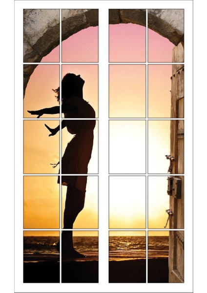 Pencere Kız Silueti Gün Batımı Duvar Sticker