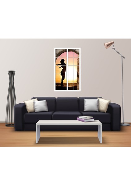 Pencere Kız Silueti Gün Batımı Duvar Sticker fiyatları