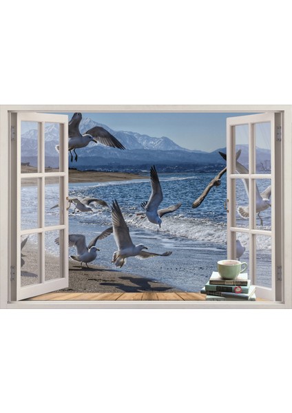 Pencere Martılar Deniz Duvar Sticker