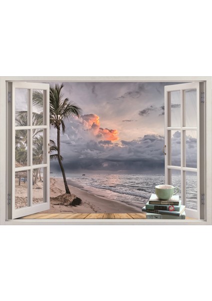Pencere Sahil Palmiye Deniz Duvar Sticker