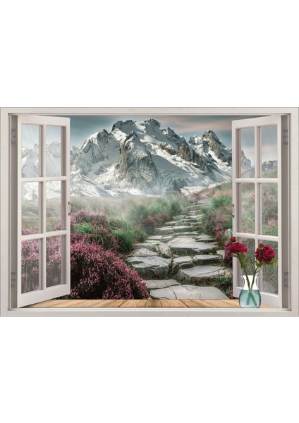 Pencere Dağ Manzarası Çiçekler Duvar Sticker