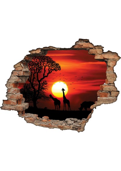 Kırık Tuğla Gün Batımı Zürafa Duvar Sticker