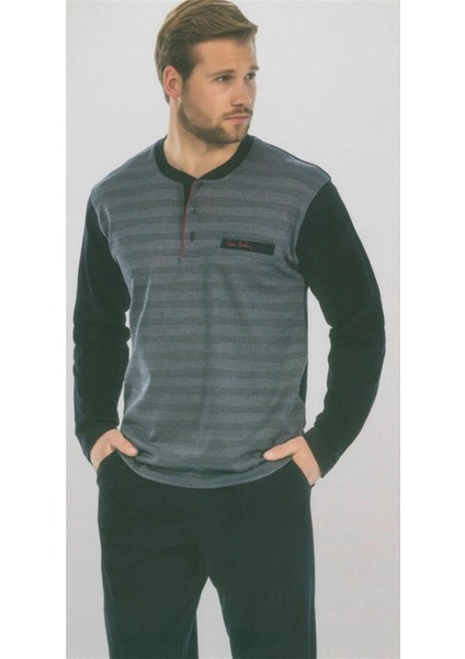 Uzun Kollu Jakarlı Erkek Pijama Takımı 5280 Lacivert