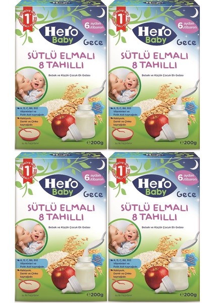 Hero Baby 200 gr Gece Sütlü Elmalı 8 Tahıllı 4'lü Set Kaşık Maması