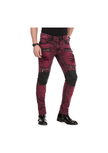 Cipo&Baxx CD481 Yamalı İşlemeli Bordo Erkek Motorcu Pantolon